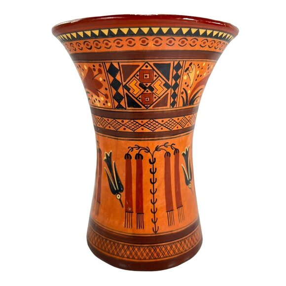 Vtg Art Pottery Cusco Peru Handmade Handpainted Vase Black Bird Crow 5.5" tall - Picture 7 of 10